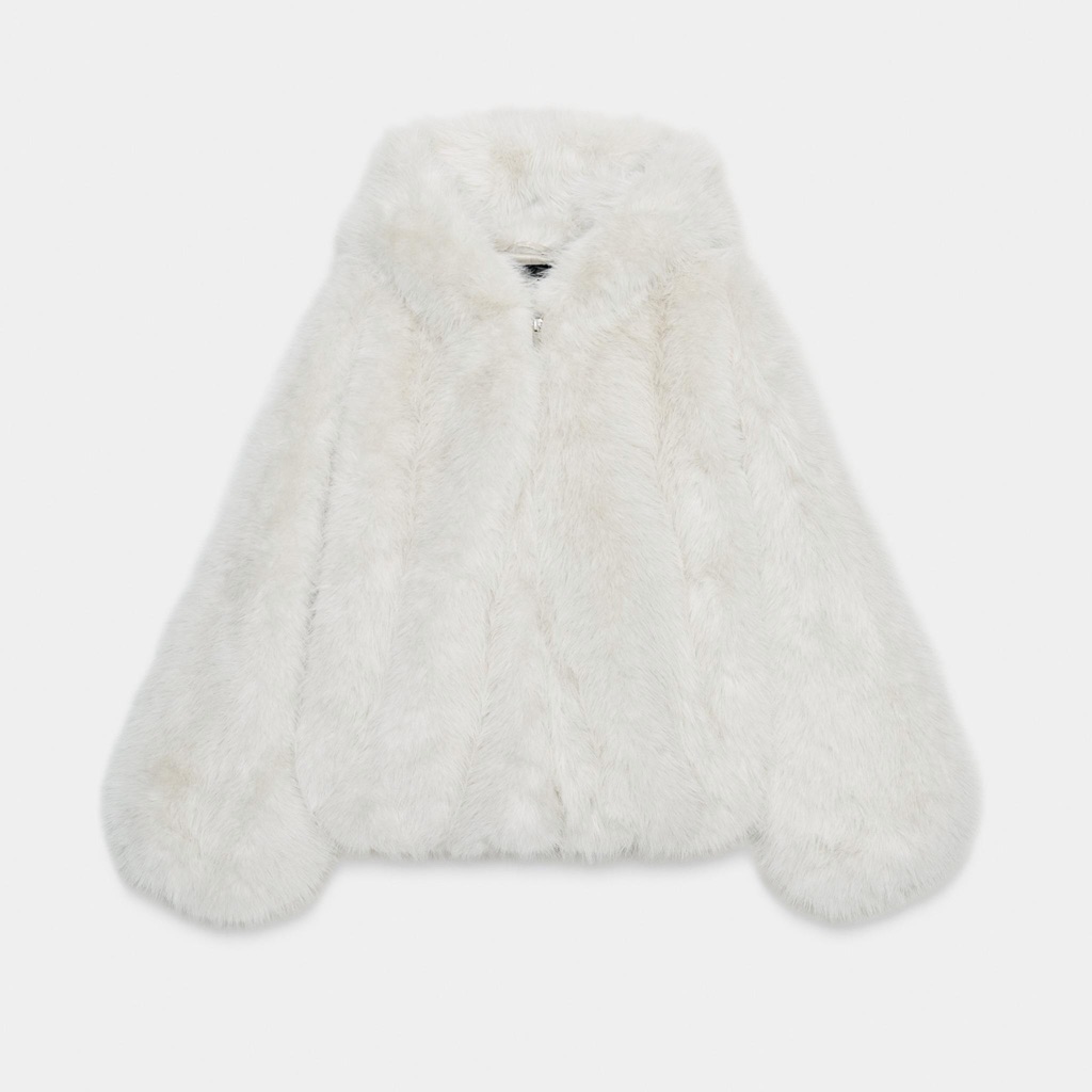 New Zara Short Faux Fur Hoodie Coat In Beige Medium/ Large